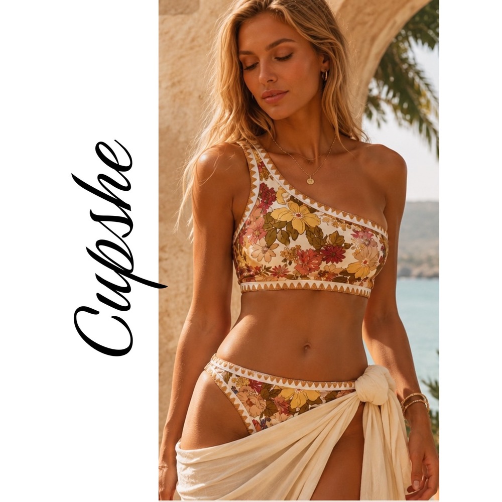 Cupshe One Shoulder Floral Bikini Set NWT Retro 70s Boho Swimwear Small